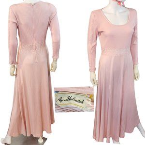 Vtg Ayres Limited Ice Pink Ribbed Bodice Maxi Crochet Peekaboo Band Long Sleeves